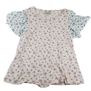 Penelope Rose Mixed Floral Slub Knit Flutter Sleeve Top White‎ Pink Blue Small